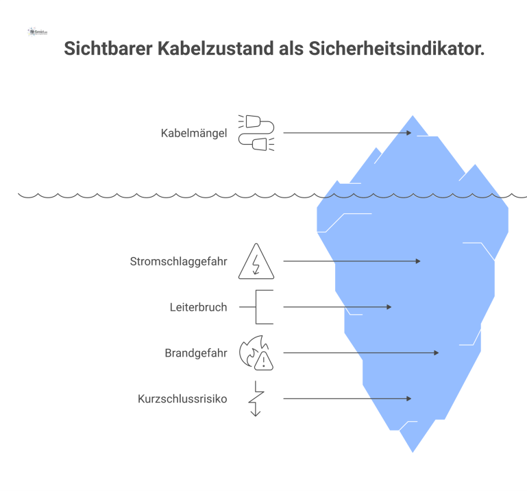 Infografik zeigt die Verbindung zwischen sichtbaren Kabelmängeln wie beschädigter Isolierung und den daraus resultierenden elektrischen Gefahren wie Stromschlag.