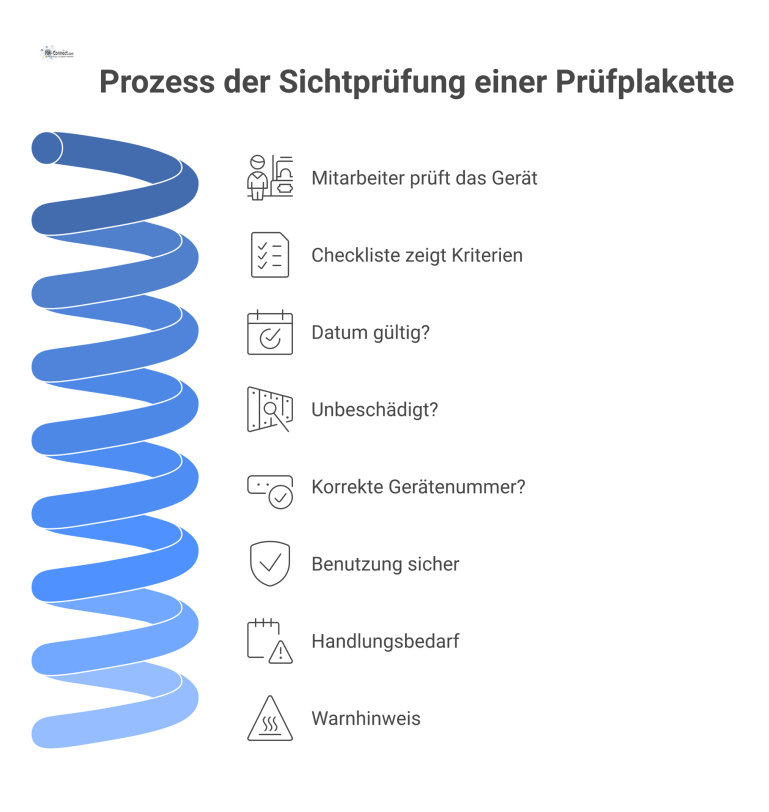 Prozess der Sichtprüfung einer Prüfplakette Infografik, die den Prozess der Sichtprüfung einer Prüfplakette zeigt. Eine Checkliste führt zu den Ergebnissen 'Benutzung sicher' oder 'Handlungsbedarf'.