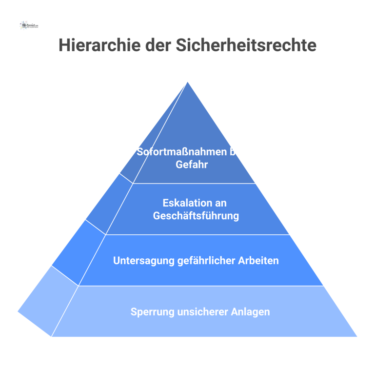 Matrix der Sperr- und Sicherheitsrechte Matrix-Diagramm, das zeigt, dass die verantwortliche Elektrofachkraft und ihr Stellvertreter alle Befugnisse zu Sperrung, Untersagung, Eskalation und Sofortmaßnahmen haben.