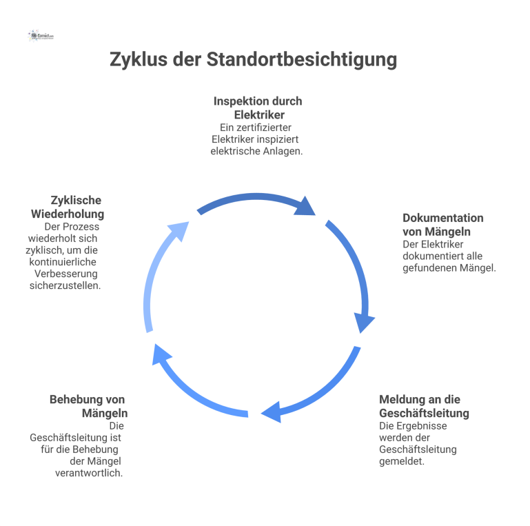 Flussdiagramm Prozess der Standortbesichtigung Flussdiagramm, das den zyklischen Prozess einer Standortbesichtigung zeigt: Ein Elektriker inspiziert Anlagen, meldet Mängel und die Geschäftsleitung behebt diese.