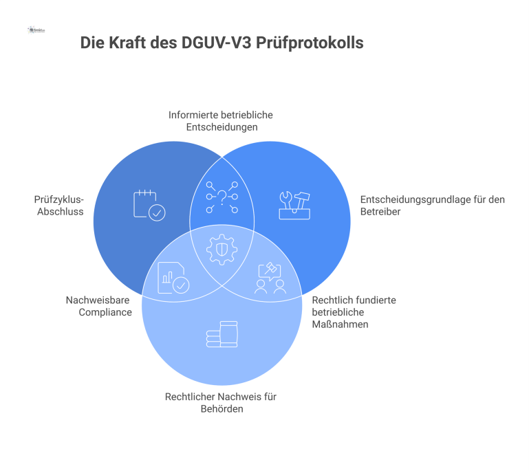 Funktionen des DGUV-V3 Prüfprotokolls Diagramm des DGUV-V3-Prüfprotokolls als zentrales Dokument, von dem aus seine drei Funktionen als Prüfzyklusabschluss, Entscheidungsgrundlage und Rechtsnachweis abzweigen.