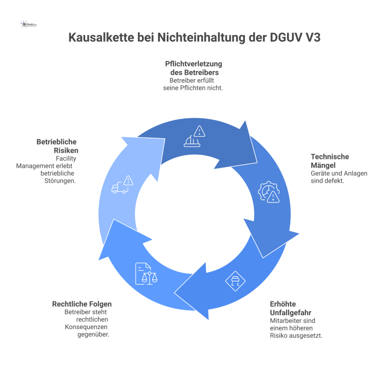 Kausalkette bei Nichteinhaltung der DGUV V3 Infografik der Kausalkette bei Nichteinhaltung der DGUV V3, von Pflichtverletzung über Unfallgefahr bis zu rechtlichen und betrieblichen Folgen.