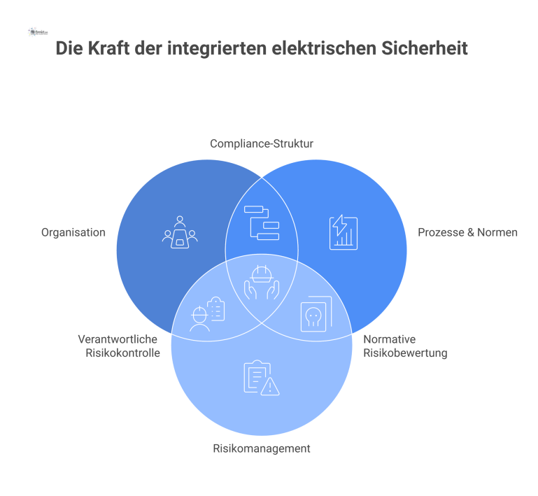 Strategie für elektrische Sicherheit Infografik zur Strategie für elektrische Sicherheit mit dem zentralen Element 'Rechtssichere Organisation' und den fünf Schlüsselbereichen Organisation, Prozesse, Risikomanagement, Ausrüstung und Mens