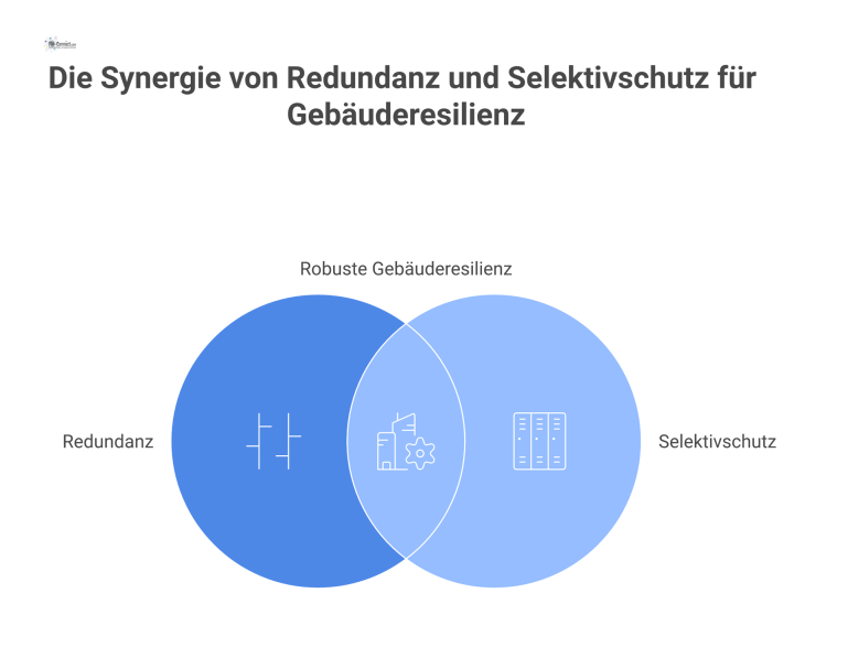 Weg zum resilienten Gebäudebetrieb Infografik, die zeigt, wie Redundanz und Selektivschutz zu Business Continuity und besserer Entscheidungsfindung für einen resilienten Gebäudebetrieb führen.