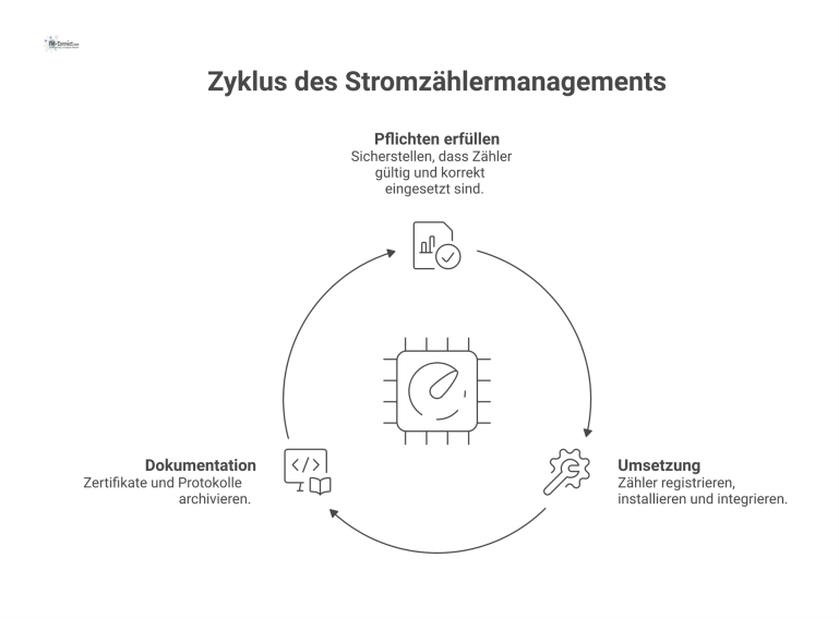 Flussdiagramm: Management von Stromzählern Ein Flussdiagramm, das den Prozess des gesetzeskonformen Managements von Stromzählern in den drei Phasen Pflichten, Umsetzung und Dokumentation beschreibt.