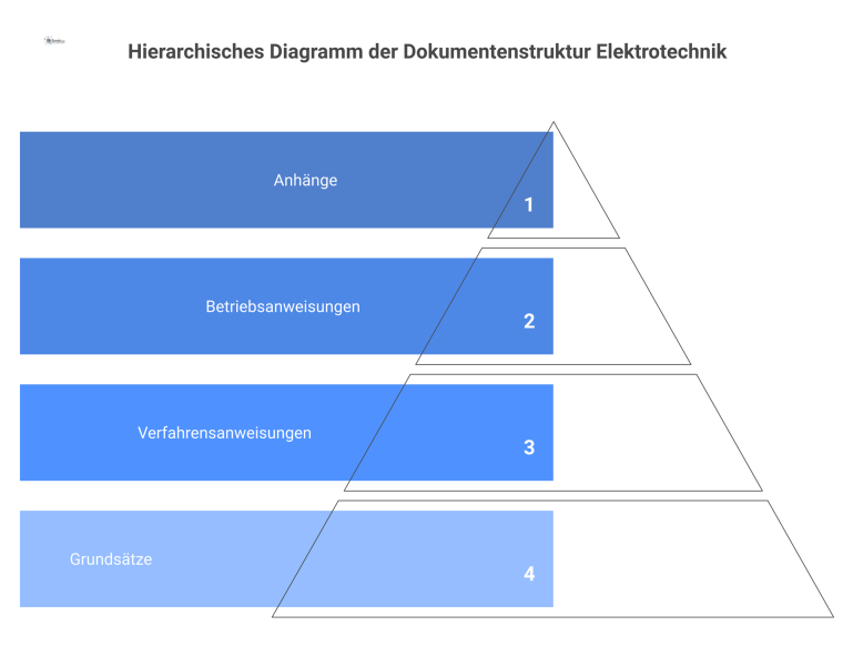 Hierarchisches Diagramm der Dokumentenstruktur in drei Ebenen: Grundsätze, Verfahrensanweisungen und Betriebsanweisungen, ergänzt durch eine separate Box für Anhänge.