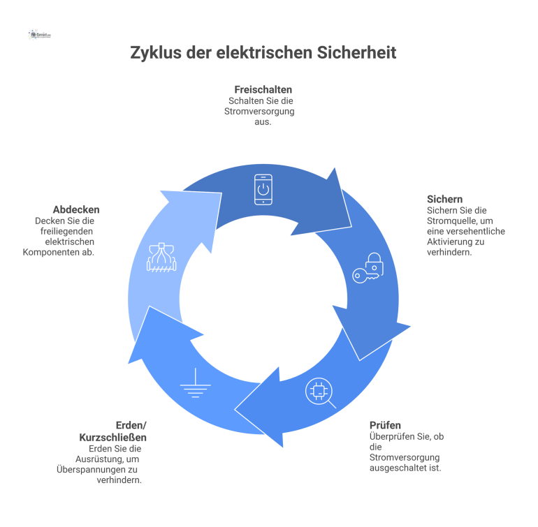 Infografik, die die fünf Sicherheitsregeln bei Arbeiten mit elektrischer Gefährdung mit Piktogrammen darstellt: Freischalten, Sichern, Prüfen, Erden, Abdecken.