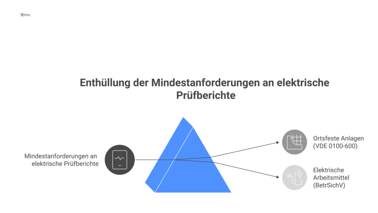 Mindestanforderungen an elektrische Prüfberichte Infografik zu den Mindestanforderungen für Prüfberichte, unterteilt in ortsfeste Anlagen nach VDE 0100-600 und elektrische Arbeitsmittel nach BetrSichV.
