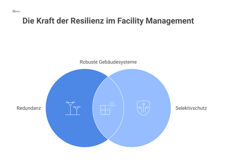Resiliente Gebäudesysteme im Facility Management Infografik eines resilienten Gebäudesystems mit einem zentralen Strompfad, der sich in fünf geschützte Bereiche verzweigt und Fehler isoliert.