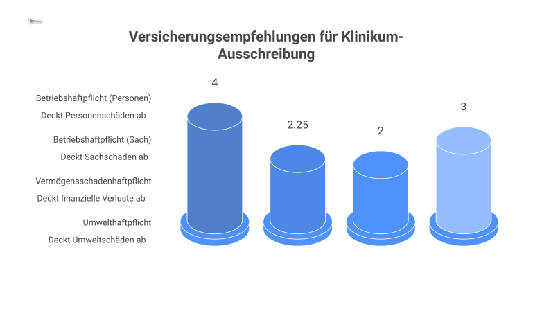Ein Diagramm zeigt Versicherungsempfehlungen für ein Klinikum mit empfohlenen Mindestdeckungssummen für Betriebs-, Vermögensschaden-, und Umwelthaftpflicht sowie optionalen Versicherungen.