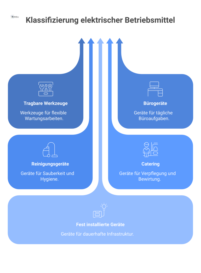 Klassifizierung elektrischer Betriebsmittel im Facility Management Infografik die elektrische Betriebsmittel im Facility Management in fünf Kategorien klassifiziert: tragbare Werkzeuge, Bürogeräte, Reinigungsgeräte, Catering und fest installierte Geräte.