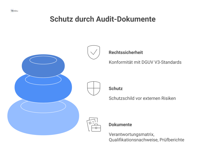 Schutz durch Audit-Dokumente nach DGUV V3 Infografik, die ein Unternehmen zeigt, das durch einen Schutzschild aus Audit-Dokumenten vor externen Risiken wie Audits geschützt wird.