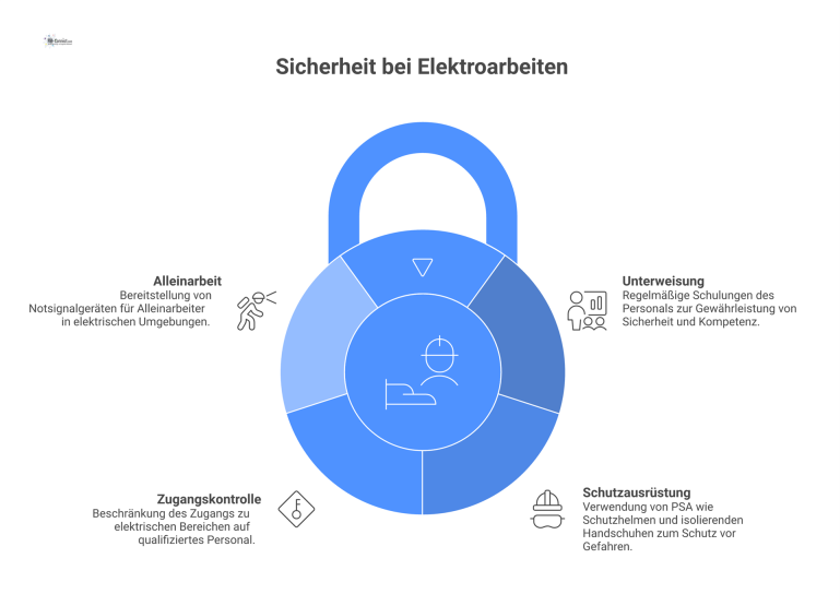 Sicherheit bei Elektroarbeiten Infografik zur Sicherheit bei Elektroarbeiten mit Piktogrammen für Unterweisung, Schutzausrüstung, Zugangskontrolle und Notsignalgerät bei Alleinarbeit.