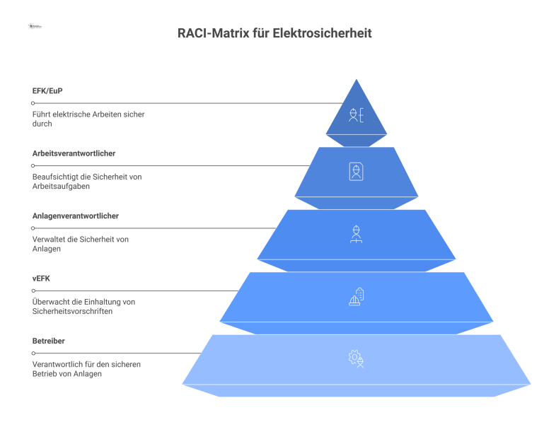 RACI-Matrix für Elektrosicherheit Eine RACI-Matrix, die Verantwortlichkeiten für Elektrosicherheit zwischen den Rollen Betreiber, vEFK, Anlagenverantwortlicher, Arbeitsverantwortlicher und EFK/EuP aufteilt.