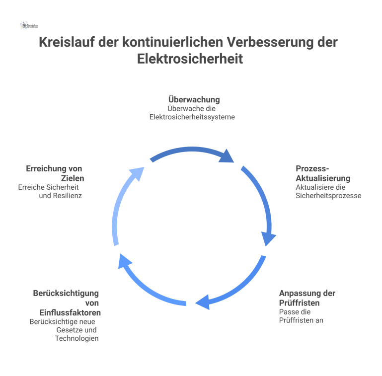 Kreislauf der kontinuierlichen Verbesserung Elektrosicherheit Ein Kreislaufdiagramm zur kontinuierlichen Verbesserung der Elektrosicherheit, das die Phasen Überwachung, Prozess-Aktualisierung und Anpassung von Prüffristen darstellt.