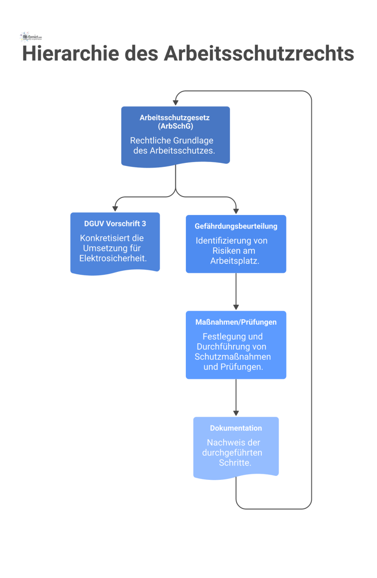 Hierarchie des Arbeitsschutzrechts Hierarchie-Diagramm zum Arbeitsschutzrecht, vom Arbeitsschutzgesetz über die DGUV Vorschrift 3 bis zum Prozess der Gefährdungsbeurteilung und Dokumentation.