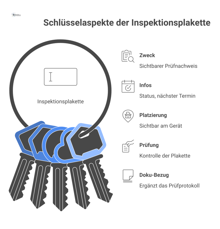 Infografik mit einer Inspektionsplakette im Zentrum, umgeben von fünf Punkten, die Zweck, Infos, Platzierung, Prüfung und Doku-Bezug darstellen.