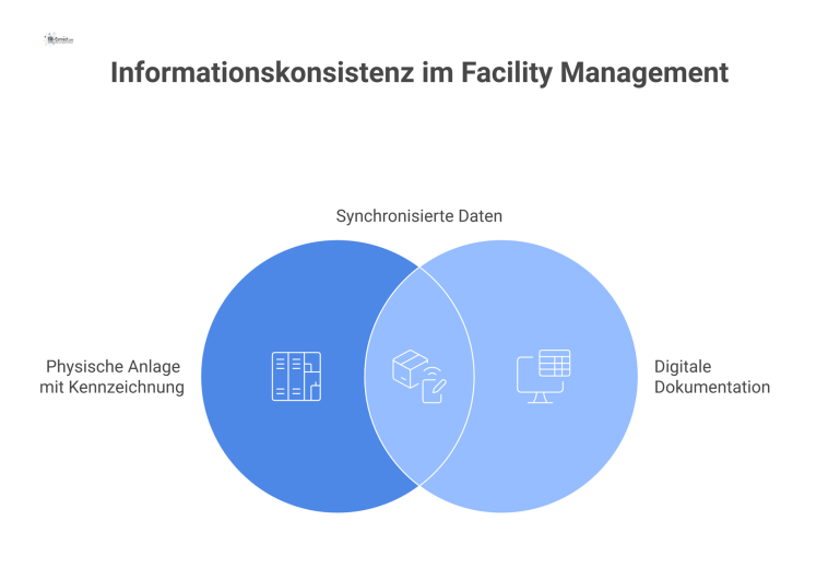 Informationskonsistenz im Facility Management Diagramm, das den Kreislauf zwischen einer physischen Anlage und der digitalen Dokumentation durch bidirektionale