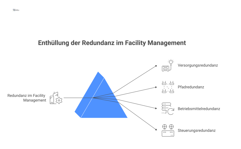 Redundanz im Facility Management Diagramm zu Redundanz im Facility Management, das die Hauptarten Versorgungs-, Pfad-, Betriebsmittel- und Steuerungsredundanz zur Sicherung kritischer Verbraucher darstellt.