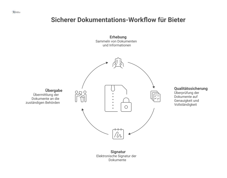 Sicherer Dokumentations-Workflow für Bieter Infografik eines sicheren, vierstufigen Dokumentations-Workflows für Bieter, der durch Vertraulichkeit, Integrität und Datenschutz (DSGVO) geschützt ist.