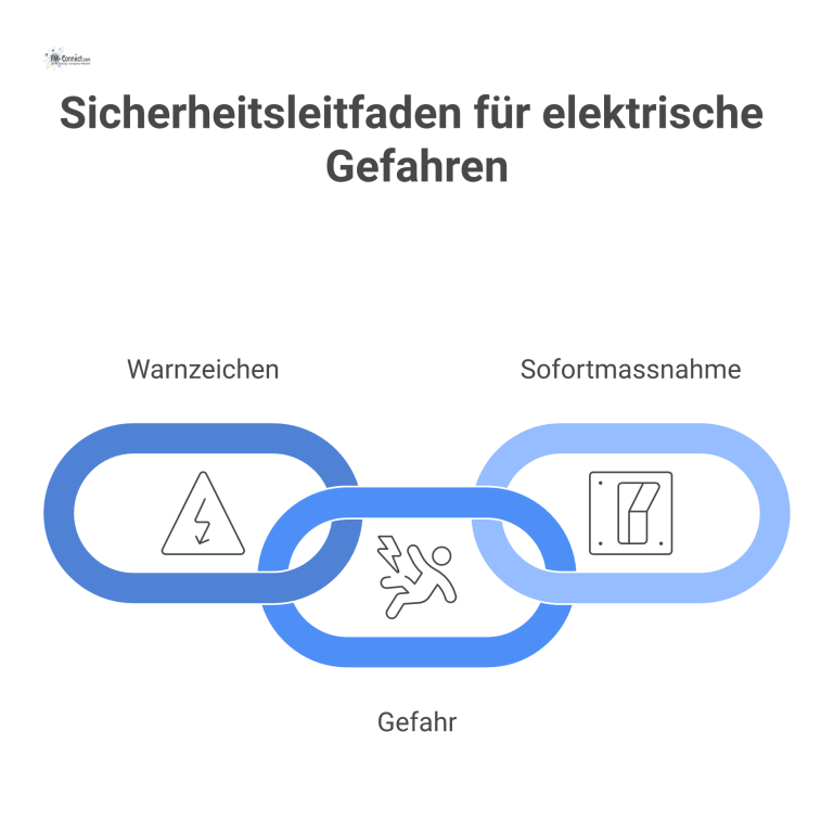 Sicherheitsleitfaden für elektrische Gefahren Dreispaltige Infografik als Sicherheitsleitfaden für elektrische Gefahren, die Warnzeichen, Gefahren und Sofortmaßnahmen mit Icons und Warnfarben visualisiert.
