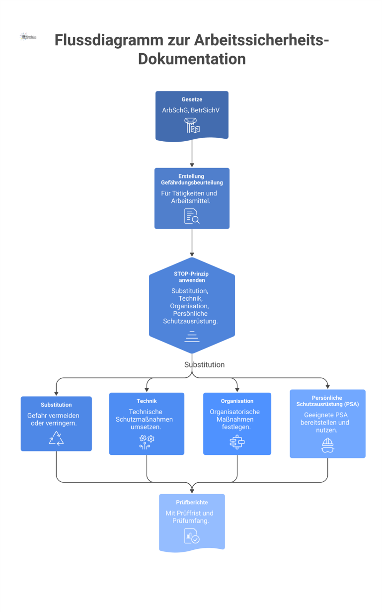 Flussdiagramm zur Arbeitssicherheits-Dokumentation Infografik-Flussdiagramm, das den Prozess der Arbeitssicherheits-Dokumentation zeigt, von der Gefährdungsbeurteilung über das STOP-Prinzip bis zu den finalen Prüfberichten.