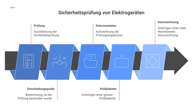 Ein Infografik-Flussdiagramm, das den Prozess der Sicherheitsprüfung für Elektrogeräte nach DGUV V3 von der Prüfung bis zur Plakette zeigt.