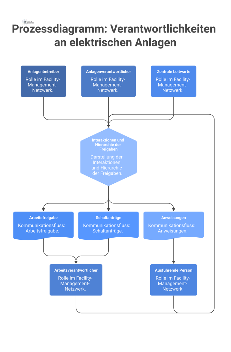 Prozessdiagramm, das den Kommunikationsfluss und die Hierarchie der Freigaben bei Arbeiten an elektrischen Anlagen zwischen den beteiligten Rollen zeigt.