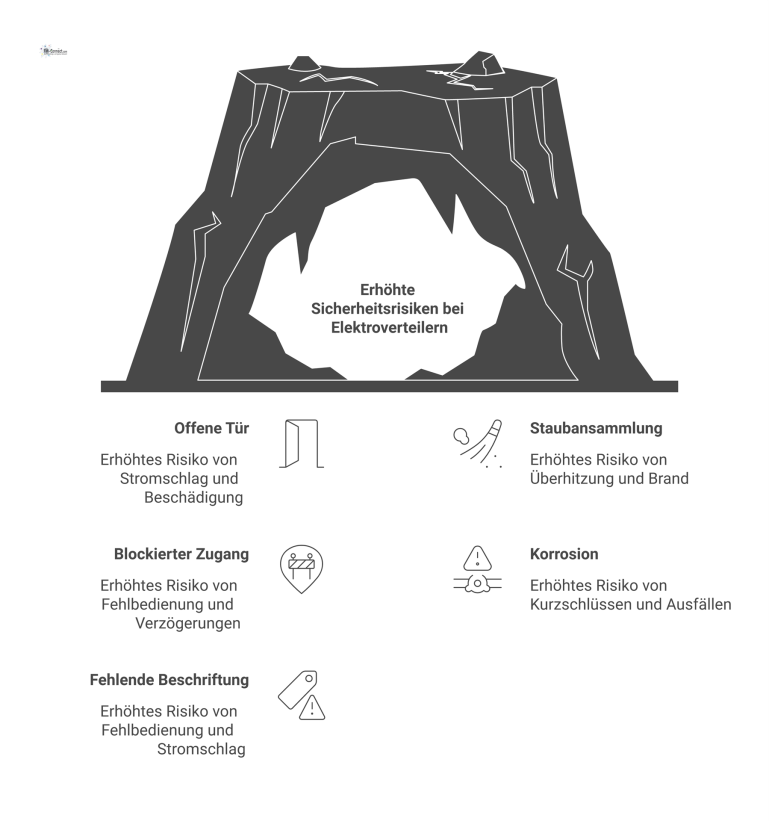 Infografik eines Schaltschranks mit Icons für Mängel wie Staub und Korrosion und den daraus resultierenden Gefahren wie Brand und Stromschlag.