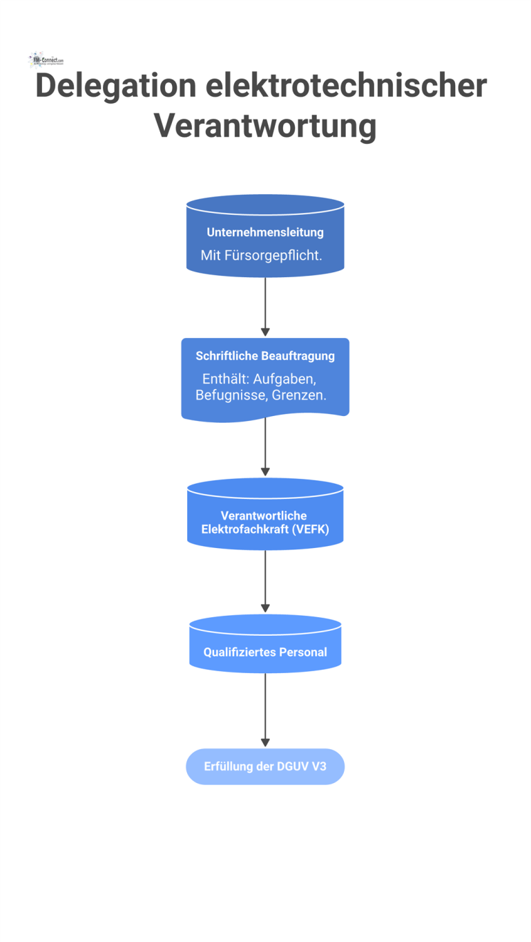 Delegation elektrotechnischer Verantwortung Organigramm zur Delegation elektrotechnischer Verantwortung von der Unternehmensleitung über die VEFK hin zu qualifiziertem Personal zur Erfüllung der DGUV V3.
